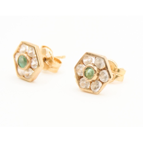 374 - Pair of Emerald and Gemstone Set Hexagon Form Earrings 9 Carat Gold Each 6mm Wide As New Unworn