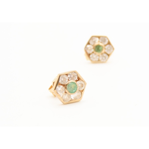 374 - Pair of Emerald and Gemstone Set Hexagon Form Earrings 9 Carat Gold Each 6mm Wide As New Unworn