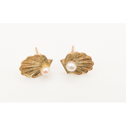 375 - Pair of 9 Carat Yellow Gold Pearl Set Shell Form Earrings 1cm High Each As New Unworn