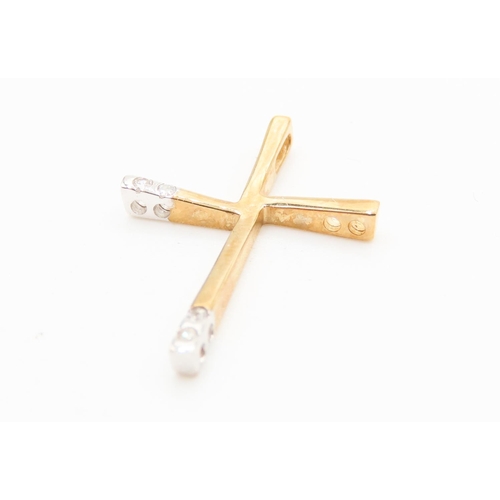 377 - 9 carat Yellow and White Gold Cross Pendant Set with Gemstones 2cm High As New Unworn