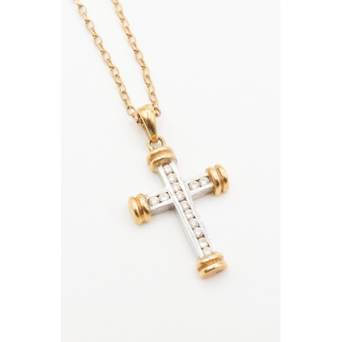 381 - Diamond Set 18 Carat Yellow and White Gold Cross Pendant 3cm High Further Set on 9 Carat Yellow Gold... 