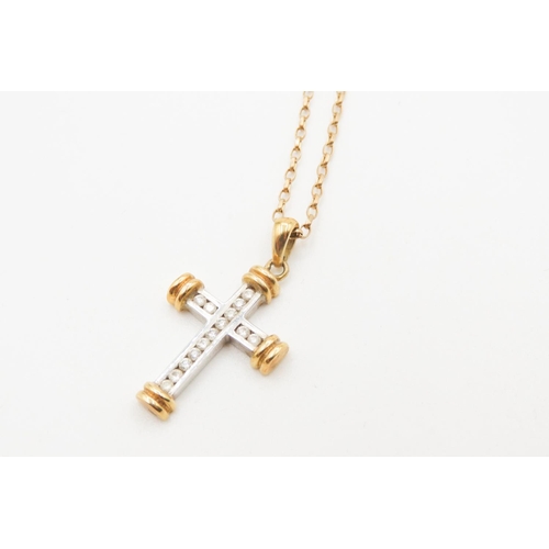 381 - Diamond Set 18 Carat Yellow and White Gold Cross Pendant 3cm High Further Set on 9 Carat Yellow Gold... 