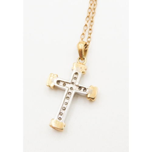 381 - Diamond Set 18 Carat Yellow and White Gold Cross Pendant 3cm High Further Set on 9 Carat Yellow Gold... 