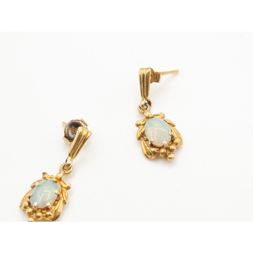 403 - Pair of Attractively Detailed Blue Opal Earrings Australian Set in 9 Carat Yellow Gold Each 2cm Drop... 