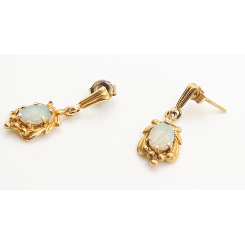 403 - Pair of Attractively Detailed Blue Opal Earrings Australian Set in 9 Carat Yellow Gold Each 2cm Drop... 