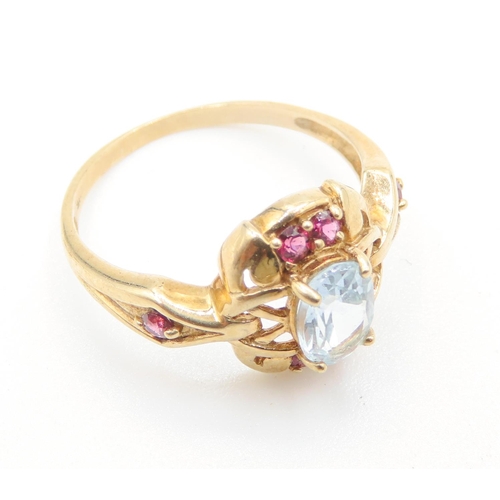 421 - Aquamarine and Ruby Set Ring Finely Detailed Mounted in 9 Carat Yellow Gold Ring Size P