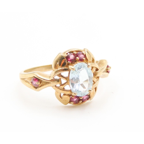 421 - Aquamarine and Ruby Set Ring Finely Detailed Mounted in 9 Carat Yellow Gold Ring Size P