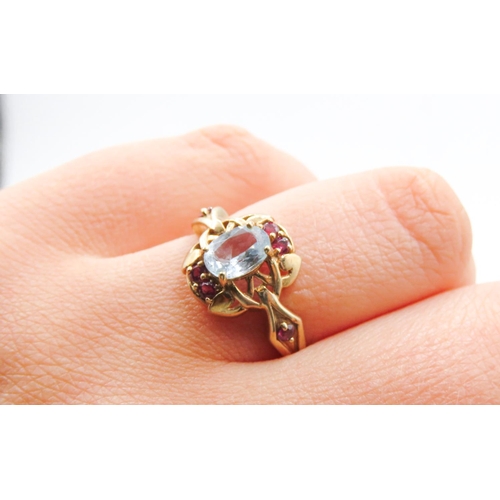 421 - Aquamarine and Ruby Set Ring Finely Detailed Mounted in 9 Carat Yellow Gold Ring Size P