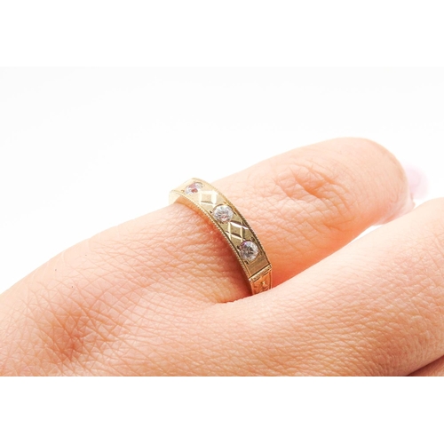 424 - Three Stone Gemset Ring Finely Detailed Set in 9 Carat Yellow Gold Ring Size N