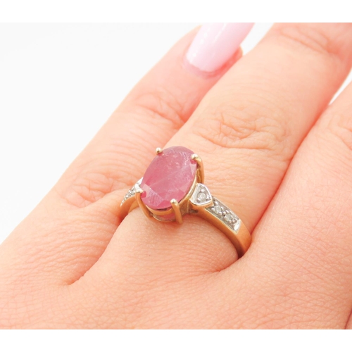 43 - Four Claw Set 3 Carat Ruby Centre Stone Ring Set in 9 Carat Yellow Gold Further Diamond Inset to Sho... 