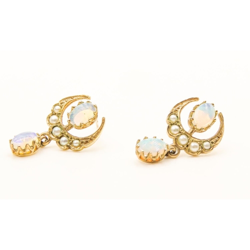 431 - Pair of Opal and Seed Pearl Set Lunar Motif Earrings Mounted in 9 Carat Yellow Gold Finely Detailed ... 