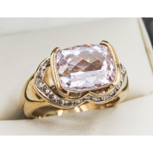 44 - Half Bezel Set Kunzite Ring with Finely Detailed Diamond Surround Set in 9 Carat Yellow Gold Ring Si... 