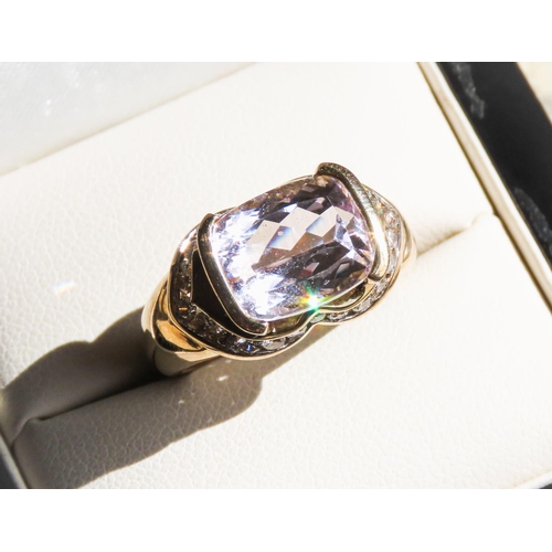 44 - Half Bezel Set Kunzite Ring with Finely Detailed Diamond Surround Set in 9 Carat Yellow Gold Ring Si... 