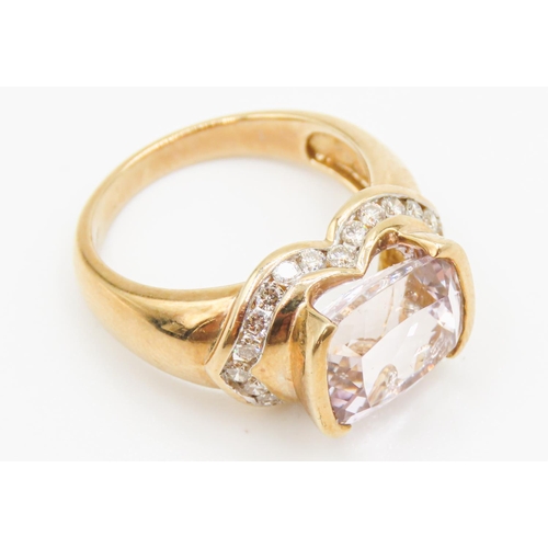 44 - Half Bezel Set Kunzite Ring with Finely Detailed Diamond Surround Set in 9 Carat Yellow Gold Ring Si... 