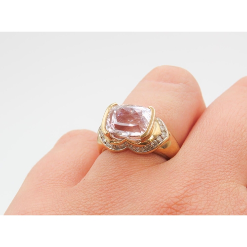 44 - Half Bezel Set Kunzite Ring with Finely Detailed Diamond Surround Set in 9 Carat Yellow Gold Ring Si... 