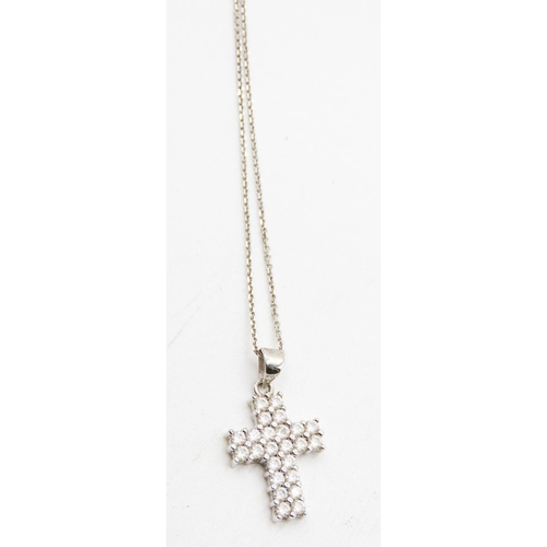 445 - Gem Set 9 Carat White Gold Cross Pendant 2cm High Further Set on 9 Carat White Gold Chain 50cm