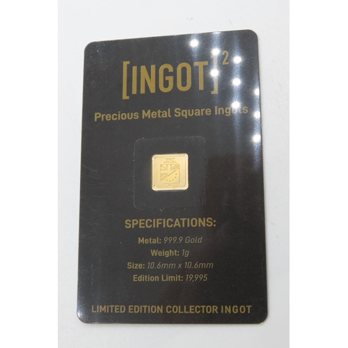 463 - Ingot Encapsulated Gold Piece Pure Gold 999.9  Carat 10.6mm x 10.6mm 1 Gram Mint Condition