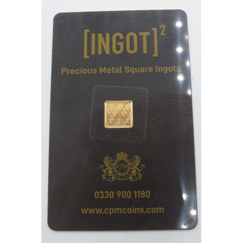 466 - Ingot Encapsulated Gold Piece Pure Gold 999.9  Carat 10.6mm x 10.6mm 1 Gram Mint Condition