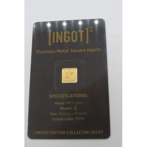 467 - Ingot Encapsulated Gold Piece Pure Gold 999.9  Carat 10.6mm x 10.6mm 1 Gram Mint Condition