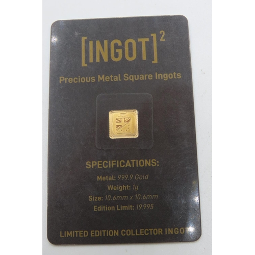 468 - Ingot Encapsulated Gold Piece Pure Gold 999.9  Carat 10.6mm x 10.6mm 1 Gram Mint Condition