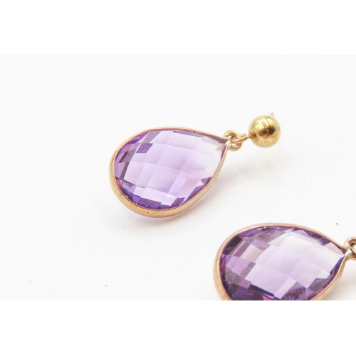 475 - Pair of Facet Pear Cut Amethyst Drop Earrings Set in 9 Carat Yellow Gold Each 2cm Drop