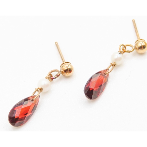 476 - Pair of 9 Carat Yellow Gold Garnet and Seed Pearl Set Earrings 2cm Drop