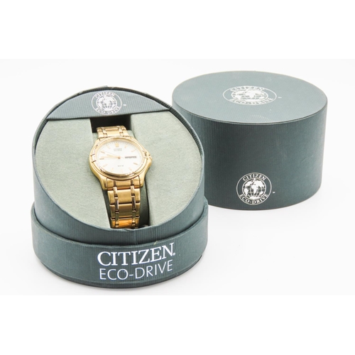 48 - Citizen ECO-DRIVE Gold Tone Watch Model No. 4D0088 Original Presentation Case and Box Present