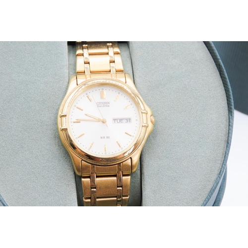 48 - Citizen ECO-DRIVE Gold Tone Watch Model No. 4D0088 Original Presentation Case and Box Present