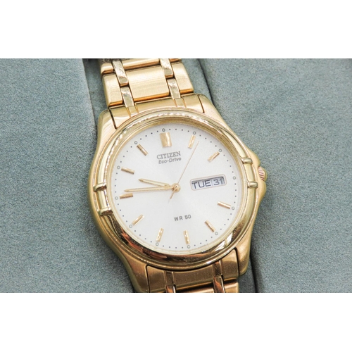 48 - Citizen ECO-DRIVE Gold Tone Watch Model No. 4D0088 Original Presentation Case and Box Present