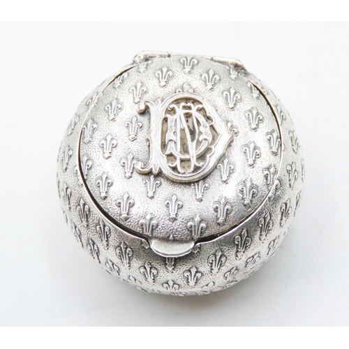 482 - Silver Pill Box Decorated with Prince of Wales Plunes Throughout Hinge Cover 4cm Diameter 2cm High