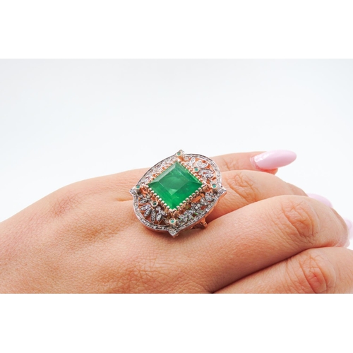 487 - Emerald and Diamond Set Statement Ring Attractively Detailed Set in 9 Carat Rose Gold and Silver Rin... 