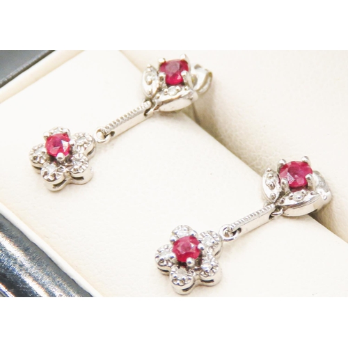 5 - Pair of Ruby and Diamond Set Daisy Motif Drop Earrings Mounted in 10 Carat White Gold Each 1.5cm Dro... 