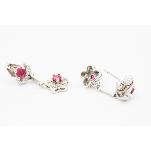 5 - Pair of Ruby and Diamond Set Daisy Motif Drop Earrings Mounted in 10 Carat White Gold Each 1.5cm Dro... 