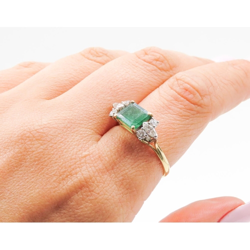 501 - Four Claw Set Emerald And Diamond Ring Attractively Detailed Mounted in 18 Yellow Gold Ring Size V E... 