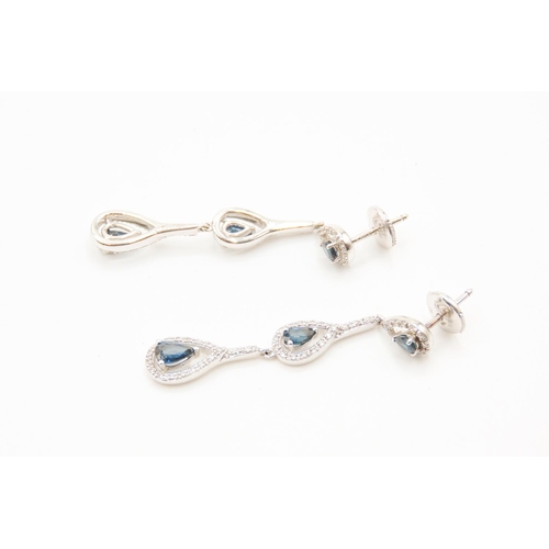 503 - Pair of Pair Cut Sapphire and Diamond Set Ladies Drop Earrings Set in 18 Carat White Gold 4.5cm Drop