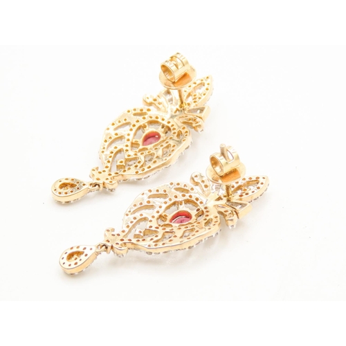 505 - Pair of Ruby and Diamond Set Cluster Drop Earrings Attractively Detailed Set in 18 Carat Yellow Gold... 