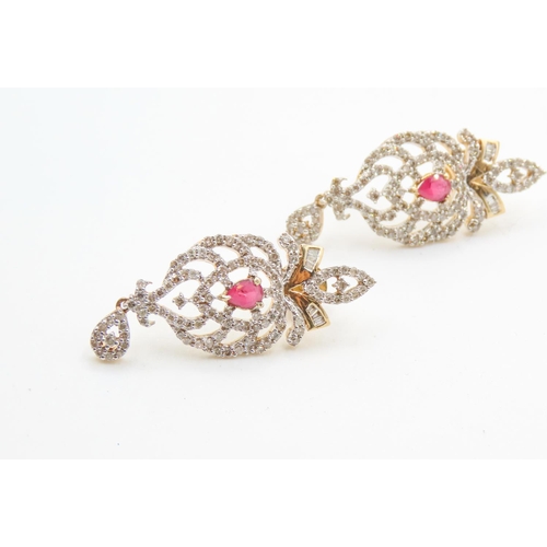 505 - Pair of Ruby and Diamond Set Cluster Drop Earrings Attractively Detailed Set in 18 Carat Yellow Gold... 