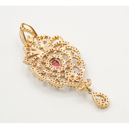 506 - Matching Ruby and Diamond Set Cluster Drop Pendant Set in 18 Carat Yellow Gold 5cm Drop