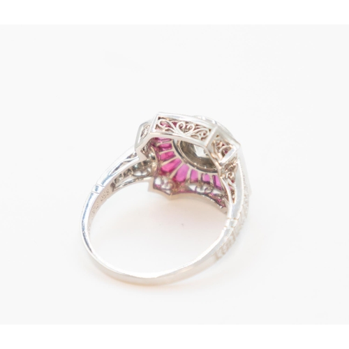 51 - Diamond and Ruby Panel Form Set Ring Finely Detailed Set in Platinum Diamond Set Incised Detailing t... 