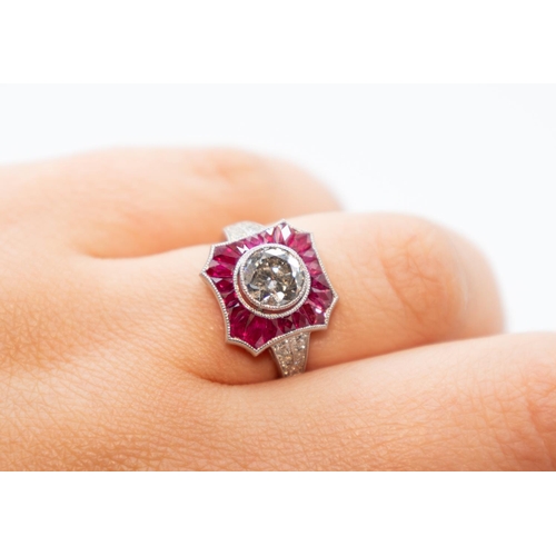 51 - Diamond and Ruby Panel Form Set Ring Finely Detailed Set in Platinum Diamond Set Incised Detailing t... 