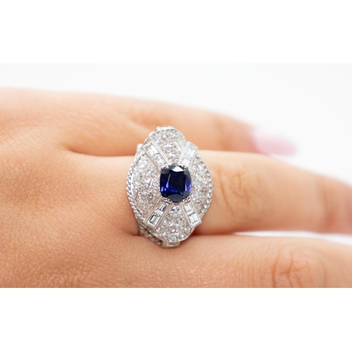 52 - Unusual Facet Cut Sapphire Centre Stone Round Cut and Baguette Cut Diamond Set Cluster Ring Finely D... 