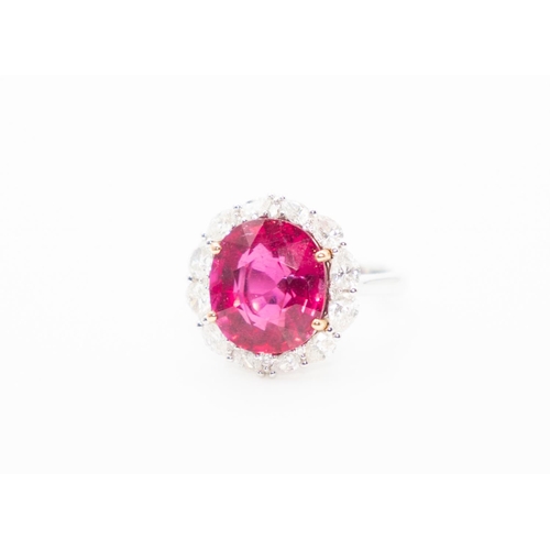 53 - Attractively Detailed Rubellite Centre Stone Ring with Graduated Form Pear Cut Diamond Halo Surround... 