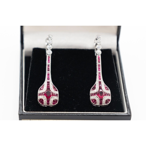 54 - Pair of Ruby and Diamond Set Ladies Drop Form Earrings Finely Set in Platinum Each 4.5cm High