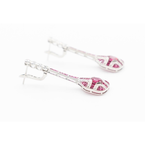 54 - Pair of Ruby and Diamond Set Ladies Drop Form Earrings Finely Set in Platinum Each 4.5cm High