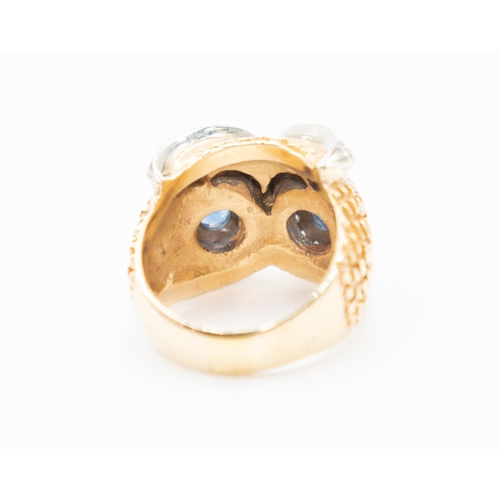 55 - Unusual Sapphire and Diamond Set Owl Motif Ring Mounted in 18 Carat Yellow Gold Finely Detailed Ring... 