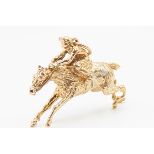 63 - Finely Detailed 9 Carat Yellow Gold Racehorse and Jockey Form Pendant 4cm Long 2cm High