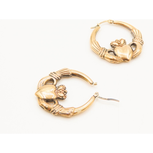 68 - Pair of 9 Carat Yellow Gold Claddagh Motif Hoop Earrings Each 3cm High