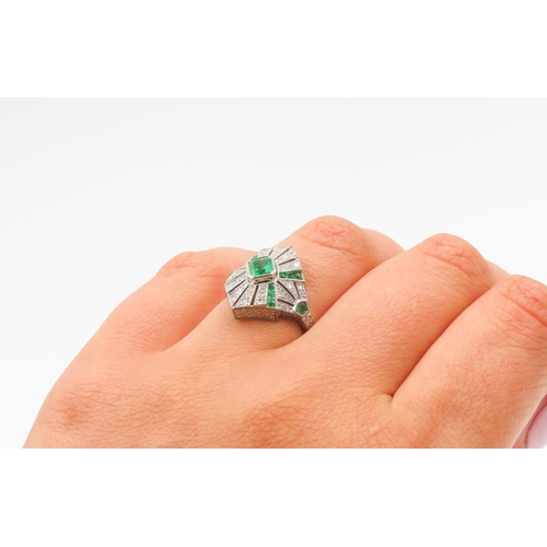 92 - Emerald and Diamond Set Ladies Panel Set Ring Mounted in Platinum French Style late Art Deco Finely ... 