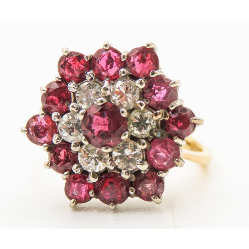96 - Ruby and Diamond Set Ladies Statement Cluster Ring Set in 18 Carat Yellow Gold Ring Size R Finely De... 