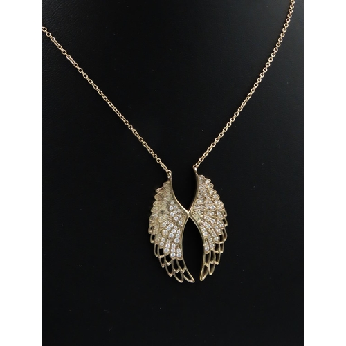 108 - Gemstone Set Silver Gilt Necklace Wings Motif Pendant 4cm High Chain 44cm Long